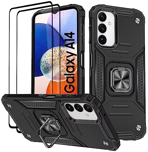 KANSi Case for Samsung Galaxy A14 5G / 4G, Tempered Glass [2 Pack] Protective Silicone TPU Shockproof Tough Armor Hard Cover - Black