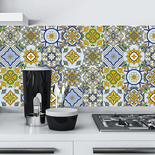 24pcs Moroccan Tile Stickers 15x15cm Yellow Bathroom Tile Stickers for Kitchen Bathroom Living Room Fireplace Stairs Backsplash Home 6x6 Waterproof Stickers for Tile