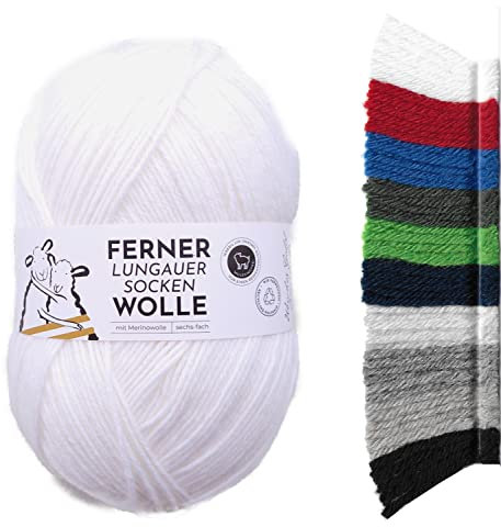 Ferner Wolle Lungauer Sockenwolle 6fach uni weiß | mit Merinowolle mulesingfrei | Sockengarn 6-fädig einfarbig | dicke Strumpfwolle zum Stricken oder Häkeln | 150g 425m (LU6-01 naturweiß)