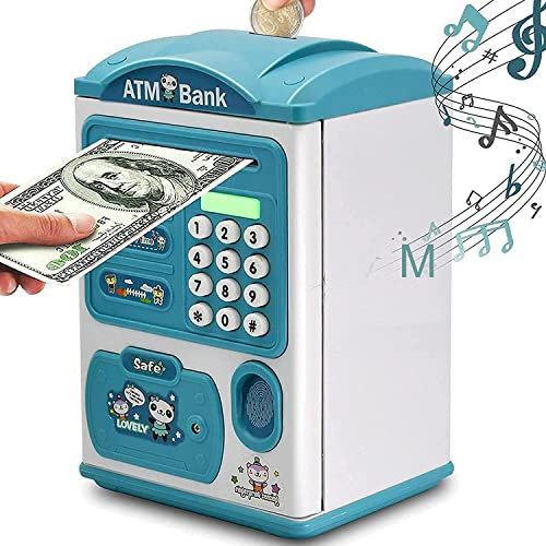 Tirelire avec Mot de Passe et Empreintes Digitales, Mini Tirelire ATM pour Enfant, Garçons et Filles, Cadeaux d'anniversaire et de Noël (Bleu)