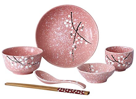minkissy 6Pcs Japanese Ceramic Tableware Set Chic Dinnerware Kit with Bowl Plate Cup Spoon and Chopsticks Pink Modern Design for Home Dining
