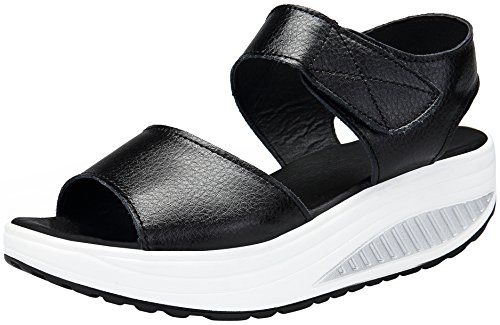 Mesing Sandales Compensées Femme Été Sandales Plateforme Orthopédique Confort Cuir Chaussures Talon pour Marcher Noir EU37