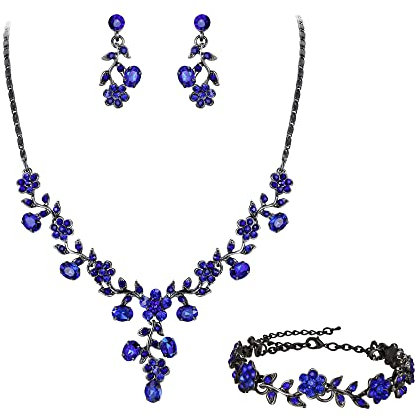 EVER FAITH Hochzeit Party Schmuck Set für Braut österreichischen Kristall Cluster Blume Kostüm Halskette Ohrringe Armband Marineblau Schwarz-Ton