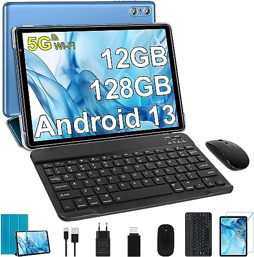 SEBBE Tablet 10 Pulgadas Android 13 Tablet PC 12GB RAM + 128GB ROM (TF 1TB ) Octa-Core 2.0 GHz, | Bluetooth 5.0 | 5G WiFi | 1280 * 800 Pixels | 6000mAh | 5MP+8MP, Tablet con Teclado y Raton Azul