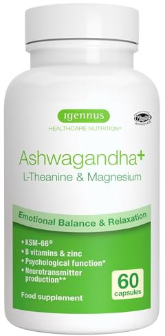 Ashwagandha KSM-66 600mg Complexe Anti-Stress avec L-Théanine, Magnésium et Vitamines B, Ashwagandha de la Racine, 5% de Withanolides, sans Additifs Indésirables, Vegan, 60 Capsules, 30 Portions
