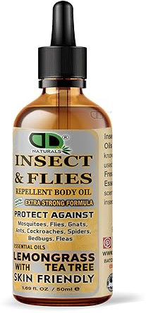 Insect Repellent with Lemongrass & Tea Tree Essential Oil Repellent Against Ants, Beetles, Fleas, Flies, Plant Lice, Moths, Snails and Spiders for Body Oil Deet Free (50ml Glass Dropper)