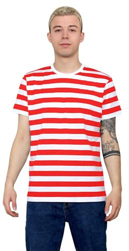 Grunge Wear® Men Women's Striped T-Shirt - Unisex Crew Neck Short Sleeve Stripes T-Shirt Casual Summer Top (Red White, Large)