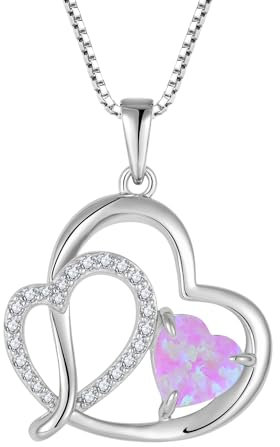 FJ Collier Opale Coeur pour Femme Argent Sterling 925 Pendentif Opale Opale Rose Cadeaux pour Maman Épouse Femme