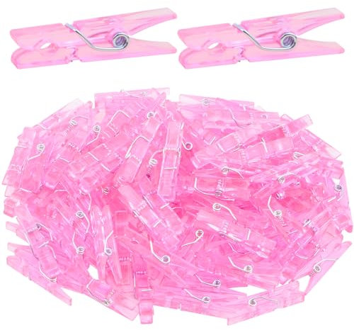 Lot de 100 mini pinces à linge en plastique transparent pour accrocher des photos, des guirlandes lumineuses, des décorations de fête de mariage, rose