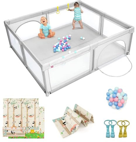 COSTWAY 206 x 186cm Baby Laufstall mit Matratze, Laufgitter mit 50 Spielbällen & atmungsaktivem Netz, Krabbelgitter mit 2 Türen, Laufgitterzelt für Säuglinge Kinder(Grau, Panda Matratze)