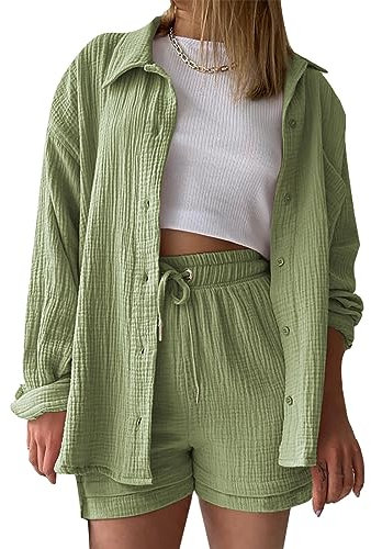 Zweiteiler Damen Sommer Musselin Bluse Hemd und Shorts Clothes Aesthetic Zweiteiler Lounge Set Strand Outfit Set Two Piece Set Women Große Größe