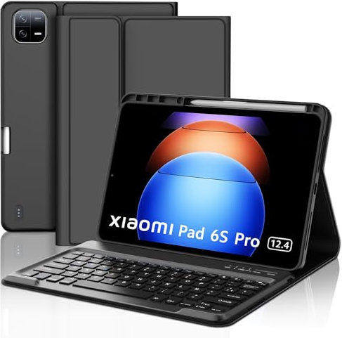SENGBIRCH Custodia Tastiera per Xiaomi Pad 6s Pro 12.4'' 2024 - AZERTY francese Tastiera con Slot per Penna, Staccabile Senza Fili Bluetooth per Xiaomi Pad 6s Pro 12.4'', Nero
