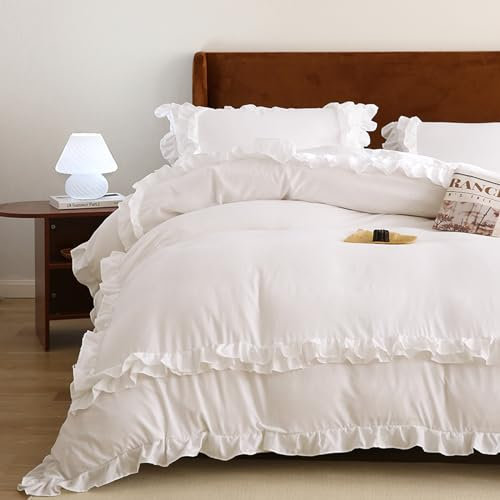 Wotcsil White Ruffle Bedding Set for Women Girls Ruffled Double Duvet Cover Set Plain Duvet Cover Shabby Chic Retro Double-Layer Frill Edge Design with Pillowcase