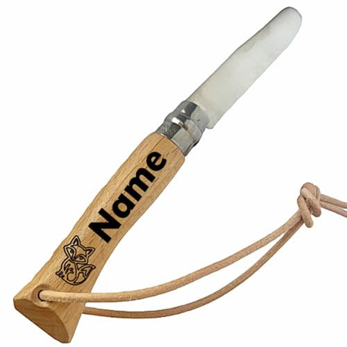 Kindermesser mit Fuchsgravur und Lederband, Opinel
