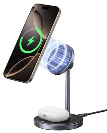 UGREEN MagFlow MagSafe Charger Compatible, Qi2 15W 2-in-1 Wireless Charger Stand Compatible with iPhone 16/15/15 Plus/15 Pro/15 Pro Max/14/13/12 Series, AirPods 4/3/2/Pro