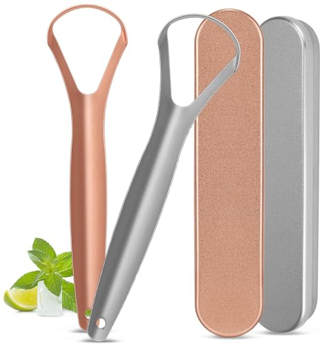 Milifox 2 Stück Zungenschaber Edelstahl,Zungenreiniger für Erwachsene,Reiniger mit Etui,Reiseutensilien,Reduziert Mundgeruch und frische Atmung,Gold Silber