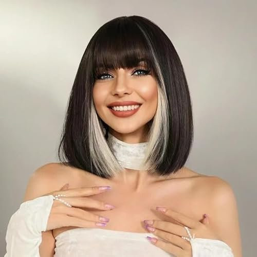 QUEENTAS 13 Zoll Highlight-Kurz-Bob-Perücke für Frauen mit Pony, Damenperücke glatt für den Alltag, Partys, Cosplay (Schwarz-Mix aus Grau)