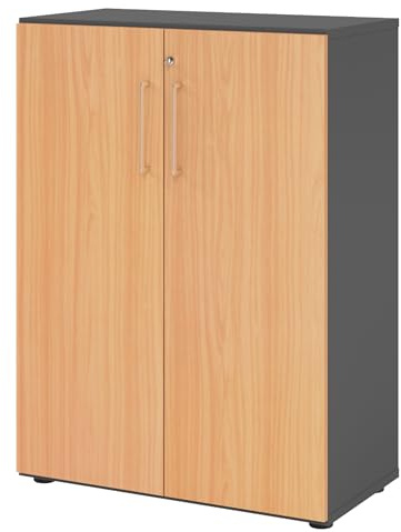 bümö Aktenschrank abschließbar, Büroschrank Holz 80cm breit in Graphit/Buche - abschließbarer Schrank mit Aktenregal für's Büro & Arbeitszimmer, Büro Möbel Ordnerschrank mit Schloss