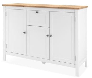 KHG Sideboard 3-türig mit 4 Einlegeboden Landhaus, Schublade Kommode aus Holzwerkstoff weiß foliert, Deckplatte Holzoptik Asteiche foliert, Silberne Metall-Griffe, 120 x 90 x 40 cm (B/H/T)