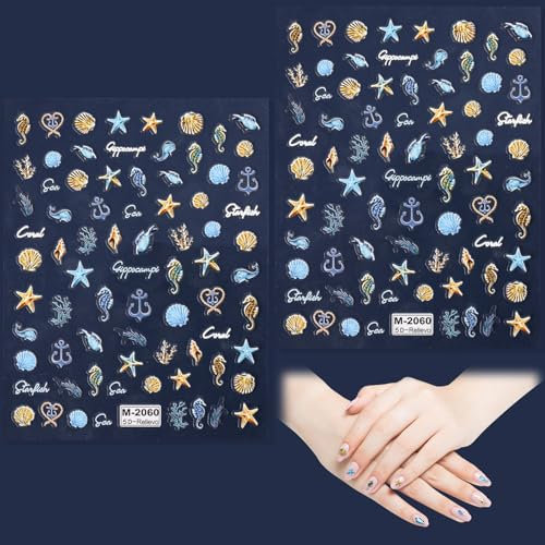 2pcs Starfish Shape Nail Stickers, 5D Sea Life Seashell Beach Theme Summer Ocean Theme for Women and Girls Nail Salons (Ocean A)