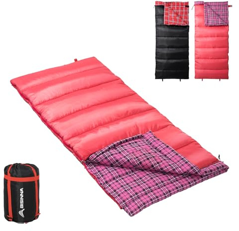 BISINNA Sac de Couchage Flanelle Coton 2-3 Saisons | Intérieur/extérieur, motif écossais rouge/noir, sac compression inclus.