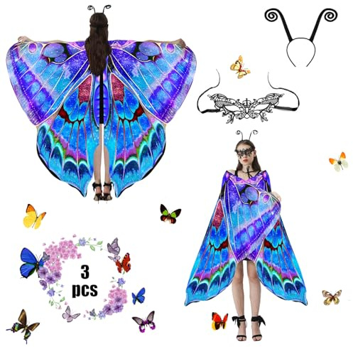 Jeackcelle Butterfly Costume Women's Halloween Costume Cape, Fairy Wings Fancy Dress Butterfly Wings Ladies Carnival Costume for Halloween Carnival Party Cosplay Dancing (StarBlue)