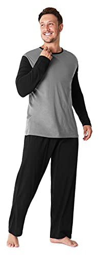 CityComfort Mens Long Pyjamas Set, Adults Teenagers Soft 2 Piece Loungewear Nightwear Cosy PJs - Gifts for Him (Dark Grey/Cream, 4XL)