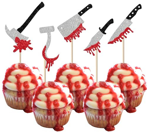 30 Pack Halloween Knife Cupcake Toppers Glitter Scary Bloody Knife Cupcake Picks Killer Birthday Cake Decorations for Happy Halloween Theme Baby Shower Party Supplies