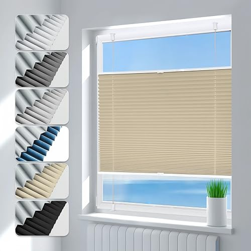 Deswell Plissee ohne Bohren Verdunkelung Klemmfix Verdunklungsplissee B95 x H130 cm Hellbeige, 100% Blickdicht lichtundurchlässig Thermo Plissee Faltrollo Sichtschutz Sonnenschutz für Fenster Tür