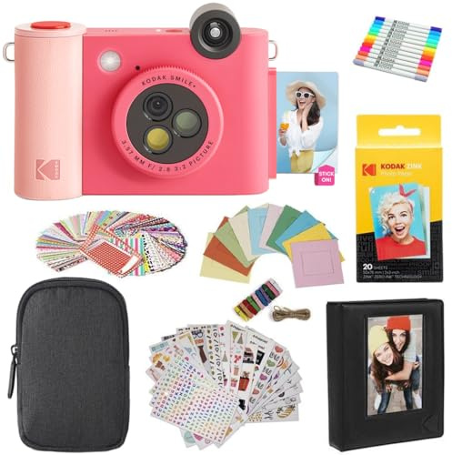 KODAK Smile+ 2-in-1 Digitale Sofortbildkamera & Fotodrucker Geschenkpaket + Tasche + Zink 20 Blatt + Album + Sticker & Marker - Fuchsia