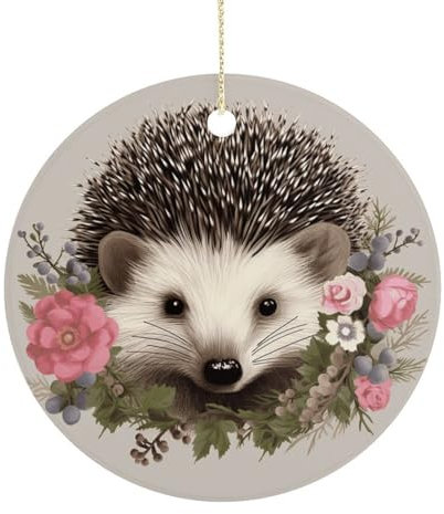 Weihnachtsbaumschmuck, Igel im Blumenkranz, bedruckt, rund, Weihnachtsschmuck, Keramik, Weihnachtsdekoration, Hängeornament für Heimdekoration, Kamin, Hochzeit, Urlaub, Party