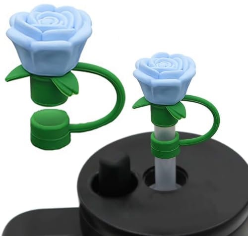 Valentine Day Rose Straw Covers Cap for stanley Cup,Rose Flower Straw Toppers for 10mm Reusable Silicone Dust-proof Rose Straw Cover Straw Topper for Valentine Party (Blue)