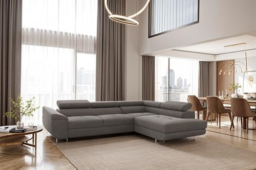 Kaiser Möbel - Ecksofa mit Schlaffunktion - Big Sofa - 275 x 202 cm - Relaxsofa, Verstellbare Kopfstützen, L Form, XXL, mit Bettkasten, Große Liegefläche 125x193 - Falio L Eckcouch Rechts, Grau