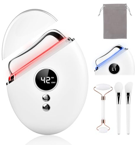 OKYUK Gua Sha Set, Gesichtsmassagegerät Gegen Falten mit Vibration & Wärme, Face Lifting Gerät mit Rotlicht, Blau, Gua Sha Elektrisch für Hautstraffung Lifting, Verbesserung (mit Gesichtsroller)