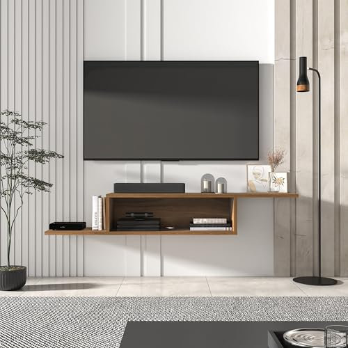 Uniqtrio Floating TV Unit, Wall Mounted Floating TV Stand, Easy Installation, Modern Wooden Media Shelf, Space Saving Modular Design, Cable Management,Living Room & Bedroom (Walnut)