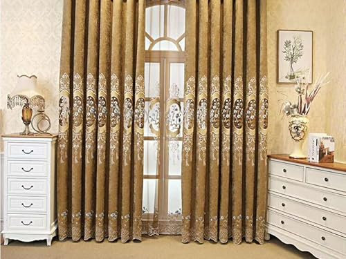 Epinki 2er Pack Gardine Blickdicht Vintage, Vorhang Blickdicht mit Muster Stickerei Muster Vorhang UV Schutz aus Chenille Haken Fenstergardinen für Wohnzimmer Braun H132 x B107 cm