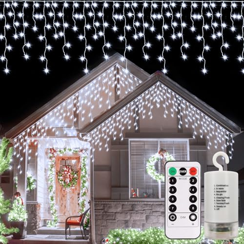 DBFAIRY Eisregen Lichterkette Außen Batterie, 6M 300 LED Lichterkette Weihnachten mit Fernbedienung Timer, Wasserdicht 8 Modi Weihnachtslichterkette für Haus Veranda Hochzeit Dekoration-Kaltweiß