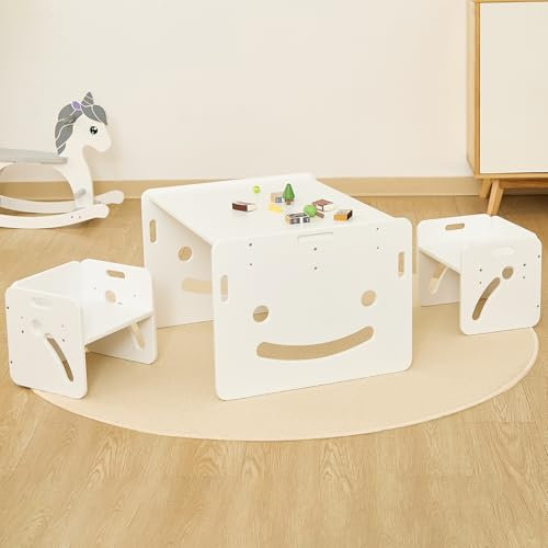 FUNLIO Montessori Höhenverstellbares kindertisch mit 2 stühlen für 1-3 Jährige, hochwertiger Massivholz Kinder Tisch Stuhl Set, zum Lesen/Essen/Spielen, einfach aufzubauen – Weiß