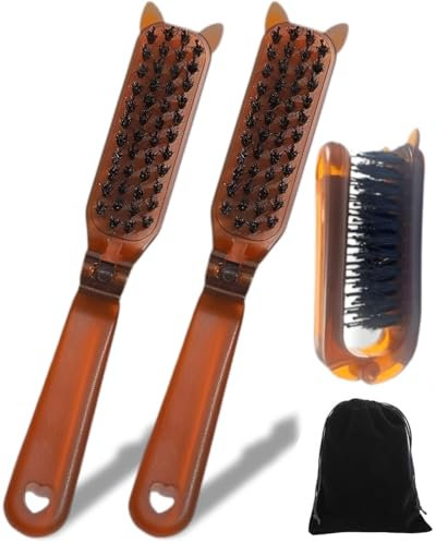 TPZORJX 2 Piezas Cepillo de Pelo Plegable de Viaje,Mini Cerdas de Jabalí Cepillo de Pelo Portátil con Bolsa Terciopelo para Cabello Rizado,Hombre Barba