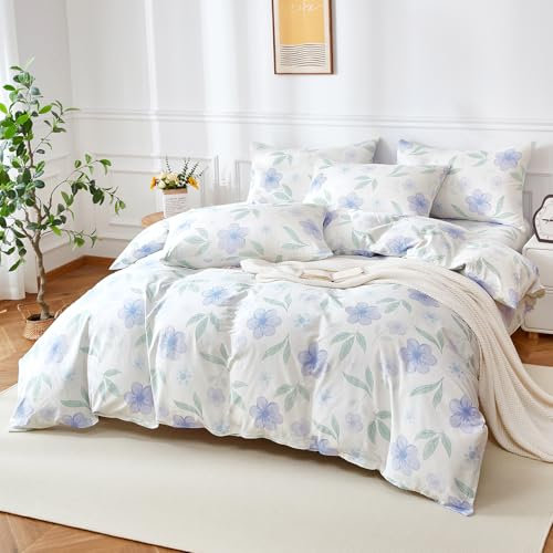 YASMENG Housse de Couette 240 x 260 Coton Motif de Fleurs Violet Parure de Lit Coton Câlin Doux Respirant Linge de Lit 2 Personne pour Fille avec Fermeture Éclair et Taies d'oreiller 65x65 cm