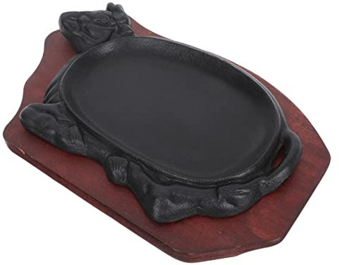 Gatuida 1 Set Padella per bistecche in ghisa Piatto frizzante Piatto di Bistecca sfrigolante Padella per Grigliare Pescare bistecchiera Piatto di fajita Pan per la griglia di Legno Nero