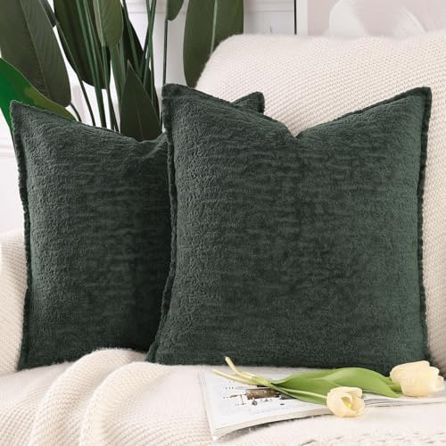 Madizz 2er Set Chenille Samt Kissenbezüge mit Rand Dekorativ Weiche neutrale Wurfkissen für Sofa Boho Akzent Zierkissenbezüge für Schlafzimmer Wohnzimmer Dunkelgrün 45x45 cm