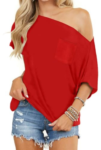 LACOZY Flowy Boat Neck Oversized Top Spring Off Shoulder Tops Casual Loose Fit Batwing Shirts Y2K Workout Tunic Red 2XL
