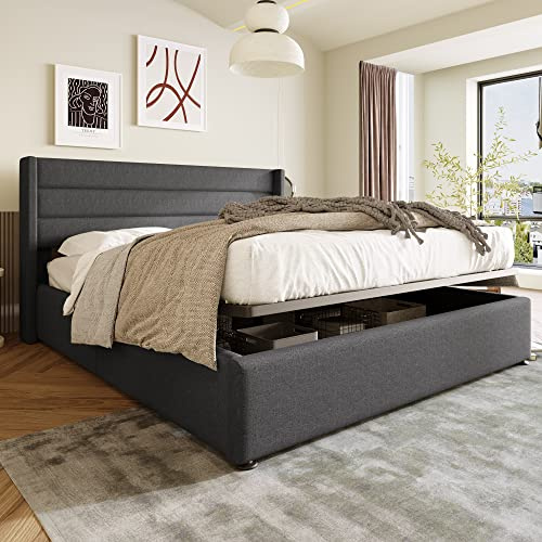 HESHU Polsterbett Doppelbett 160x200 cm, Hydraulisch Stauraumbett, Lattenrost aus Holz, Bettgestell mit Lattenrost aus Metallrahmen, Leinen, Beige, ohne Matrztze