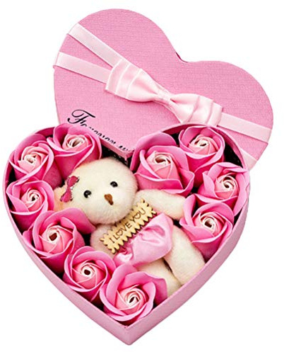 ZJchao Duft-Seifen Blume Rose Box Bouquet 10 Herzförmige Rosen Seifen in Eleganter Box für Hochzeiten Geburtstage Muttertag Rot Pink 17x15 5x5cm (PINK)