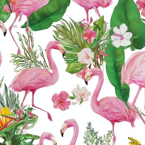 DERUINVAIO Self Adhesive Peel and Stick Wallpaper 58x300cm Pink Flamingos Tropical Flowers Green Leaves Wall Paper Roll Waterproof Removable Contact Paper Vinyl Wrap for Furniture Living Room