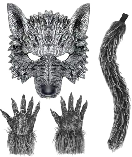 KDFSSIPE Accessoires Costume De Loup,Bandeau à Oreilles De Loup Avec Costume Gris Foncé à Cravate,Oreilles De Loup En Peluche & Queue De Loup Accessoires Pour Votre Costume De Loup Pour Le Carnaval