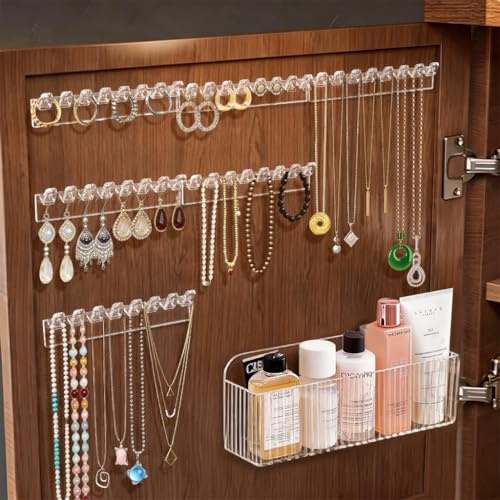 HUNGBAN 6pcs Wall Necklace Organizer Holder with Storage Box,For Mirrored Cabinets,Behind Cabinet Doors,Necklace Stand,Jewelry Storage Hanger, No-Drill Mount,For Earrings Rings
