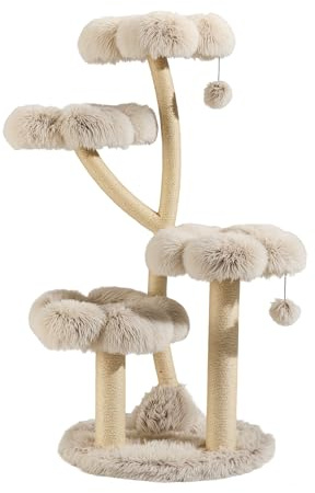 Fudajo Designer Kratzbaum 59 x 59 x 123 cm, Katzenkratzbaum mit Plüsch und Sisal, Kletterbaum für Katzen, Katzenbaum mit Spielbällen