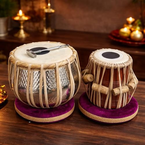 Tabla Set, Basic Tabla Drums Set, Steel Bayan, Dayan mit Hammer, Kissen und Bezug - Perfekte Tablas für Schüler und Anfänger und Profis, Indisches Musikinstrument Tabla Set